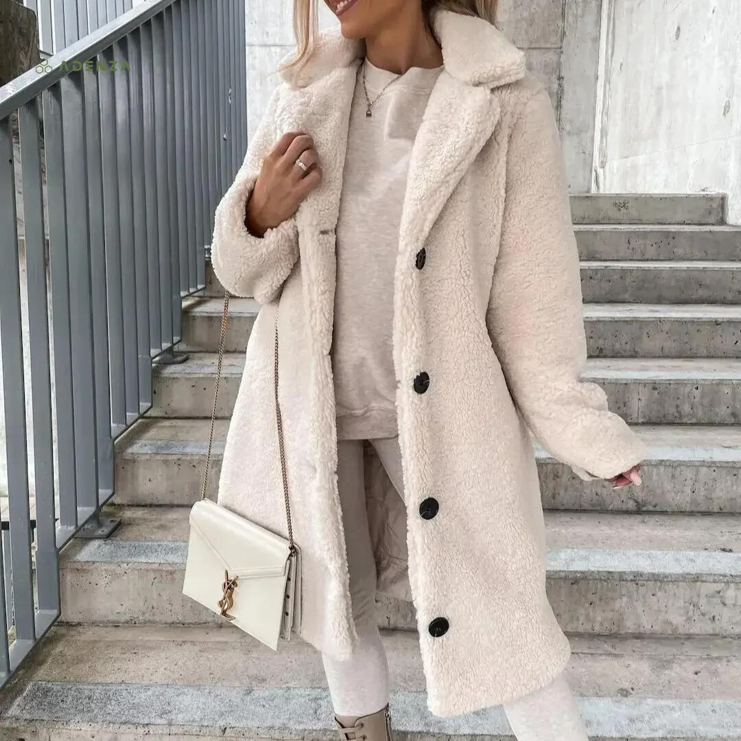 Dame Teddy Kåpe - Myk og Varm - Oversized Passform - Knappelukking - Notch Krage