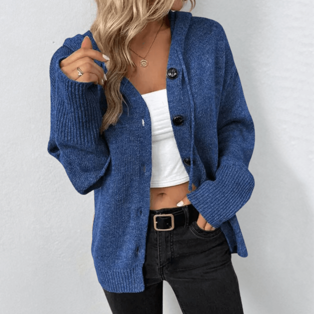 Women's Cardigan – Soft Knit – Oversized Fit – Button Closure – Hood – Ribbed Edges