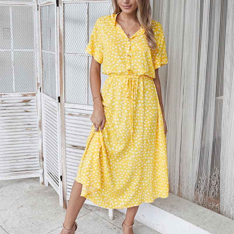 Women's Midi Dress – Short Sleeved – Loose Fit – Buttons and Adjustable Waist