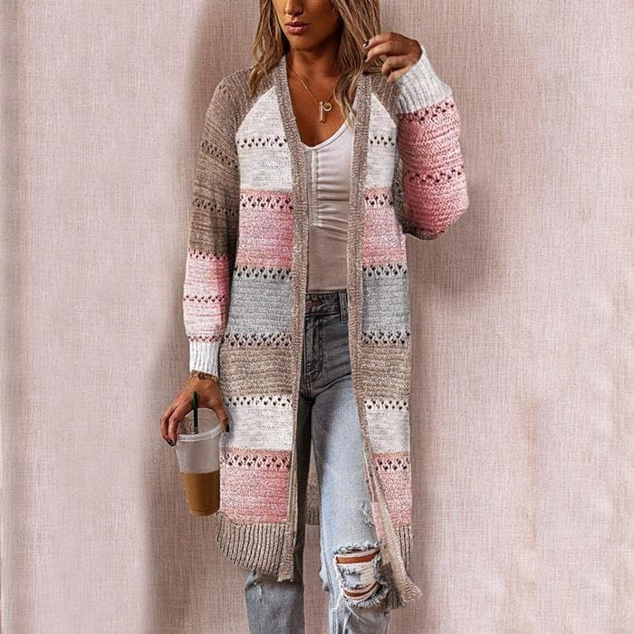Dame Strikket Cardigan - Lang Åpen Front - Strukturert Mønster - Ribbestrikkede Mansjetter