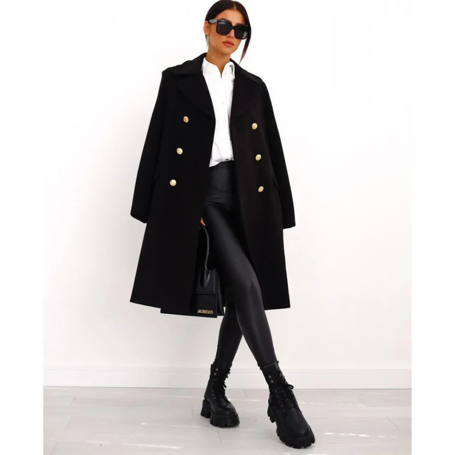 Women's Long Coat – Wool Blend – Tailored – Double-Breasted with Wide Lapels