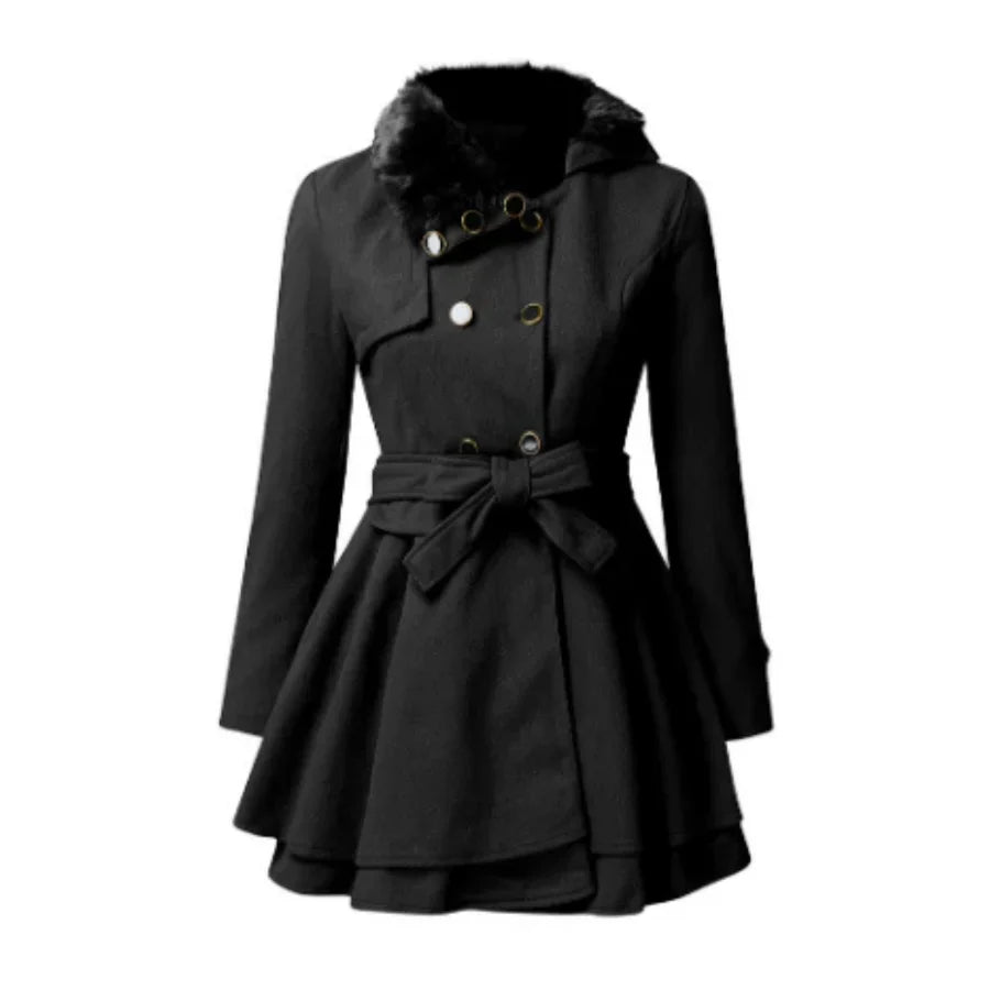 Women's Coat – Wool Blend – Flattering A-line – Faux Fur Collar – Tie Belt