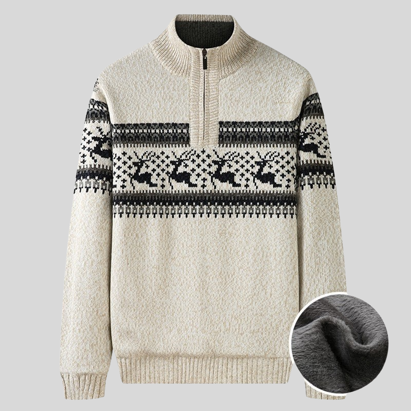 Men's Nordic Knit Sweater – Half Zip with High Collar – Warm Plush Lining