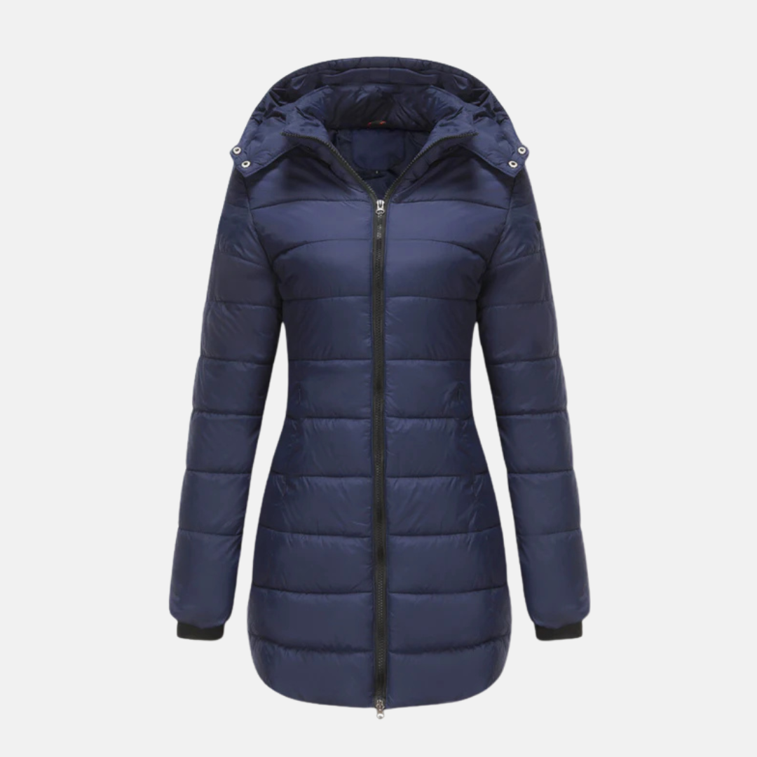 Women’s Puffer Coat - Mid-Thigh Length - Hooded - Two-Way Zipper