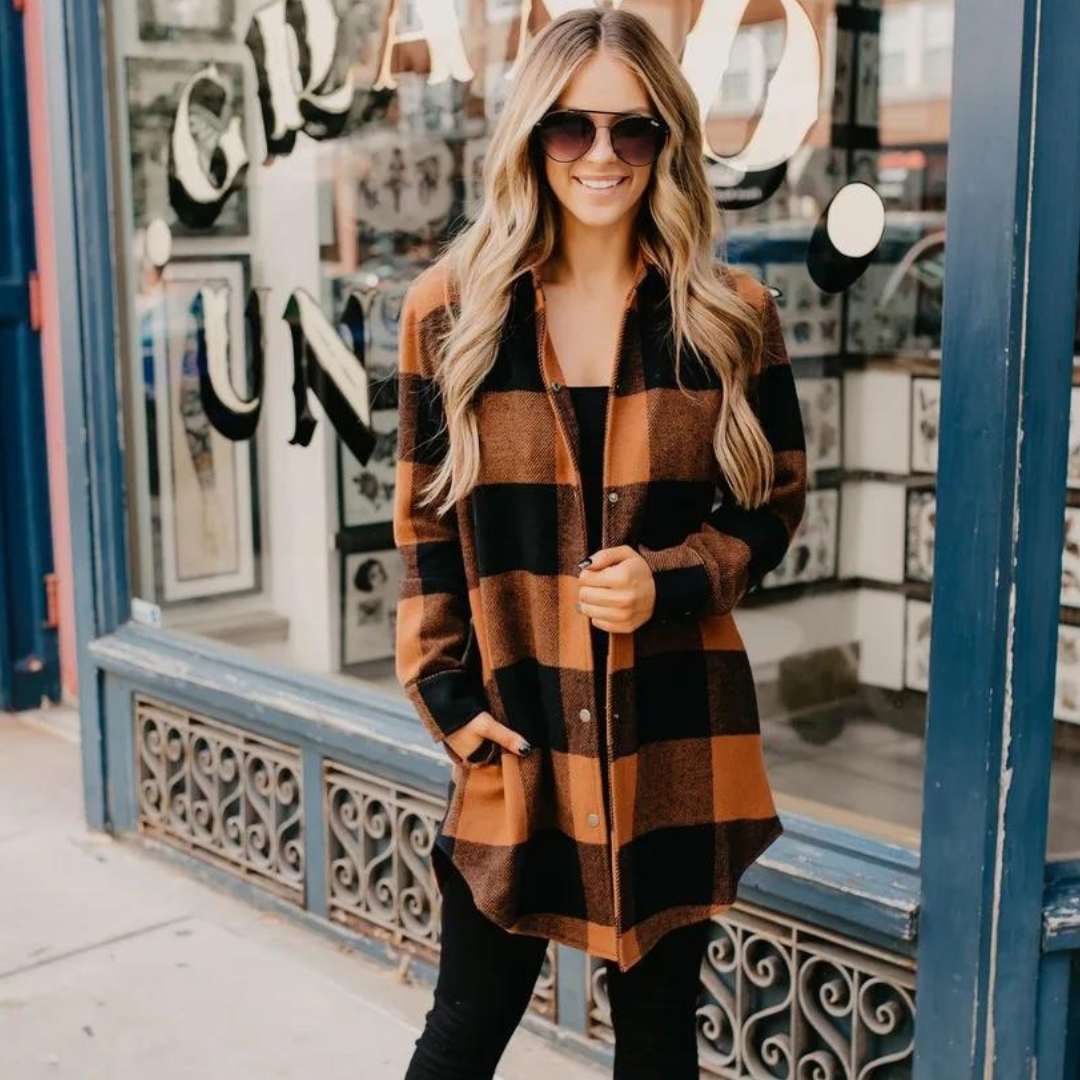 Dame Skjortejakke - Rutete Flanell - Oversized Passform - Lange Ermer - Knappelukking