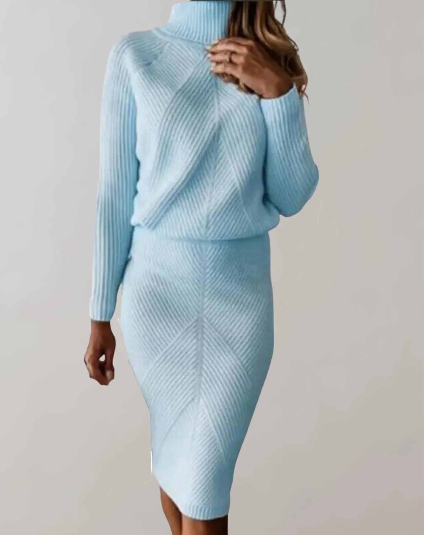Women's Set – Ribbed Two-piece – Slim Fit – Turtleneck Sweater and Midi Skirt