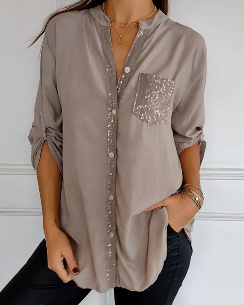 Women's Blouse – Relaxed Fit – Sequin Buttons and Chest Pocket – Breathable Fabric