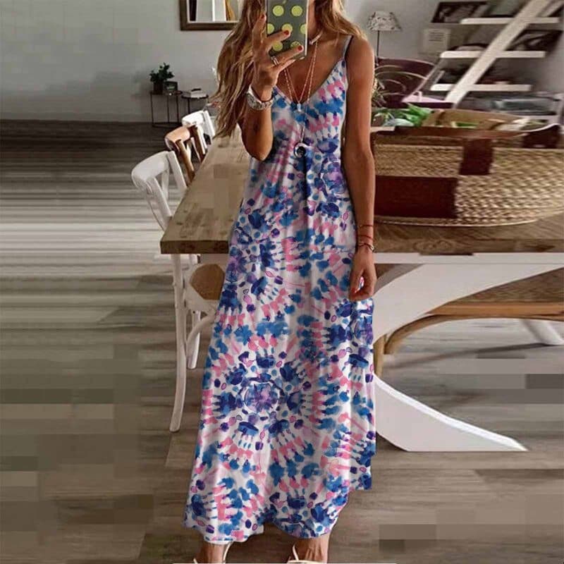 Maxi Dress for Women – V-Neck – Thin Straps – Flowing Fit – Bohemian Tie-Dye