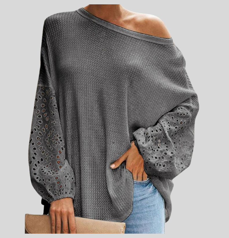 Women's Knitted Sweater - Off-Shoulder - Loose Fit - Long Sleeves with Lace Cutouts