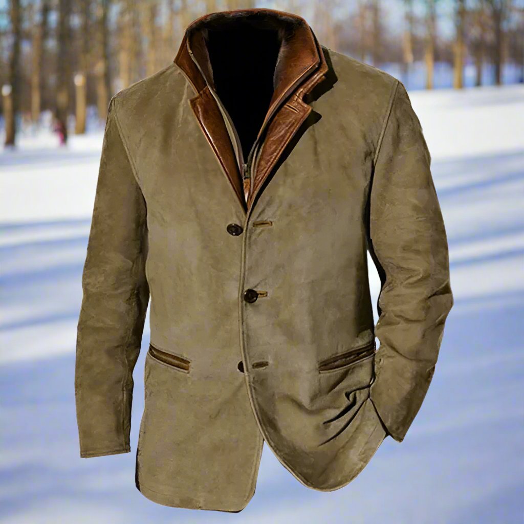 Men's Coat - Suede Look with Leather Details - Structured Fit - Button Closure