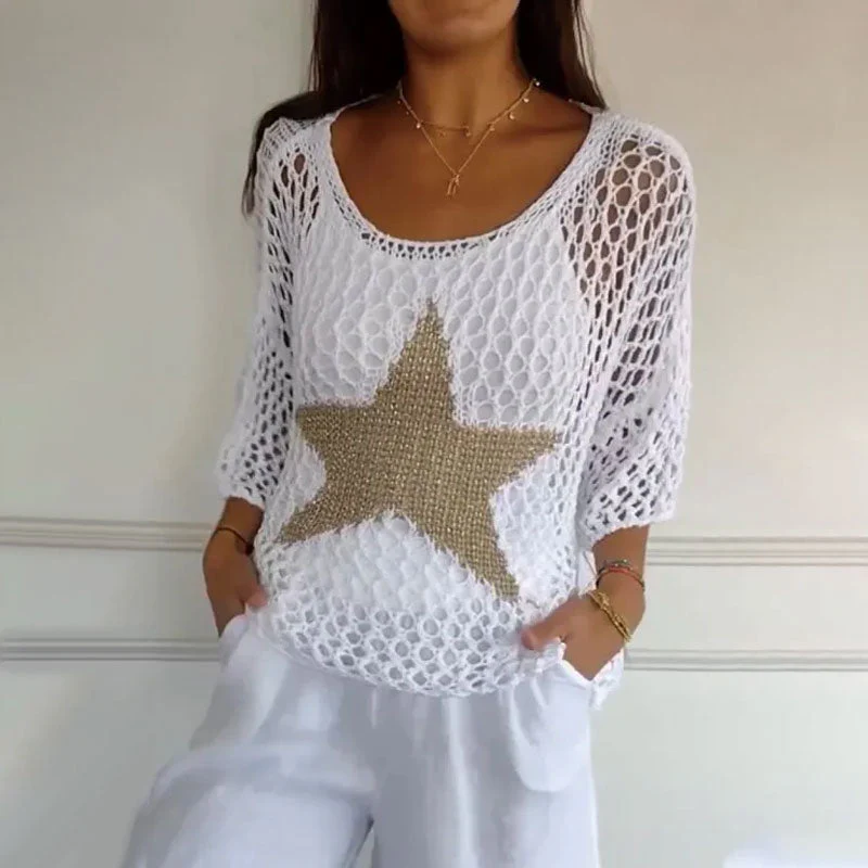 Women's Crop Top – Open-Knit Mesh – Relaxed Fit – 3/4 Sleeve – Star Motif