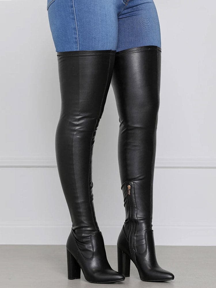 Women's Overknee Boots – Leather – Low Block Heel – Textured Sole – Zipper Closure