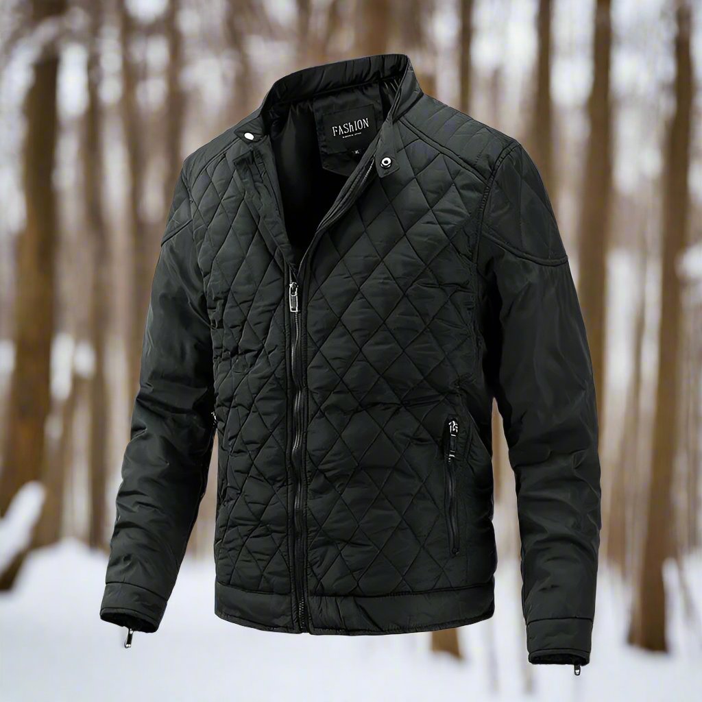 Men's Padded Jacket - Diamond Quilted - Stand Collar - Zipper Closure - Slim Fit