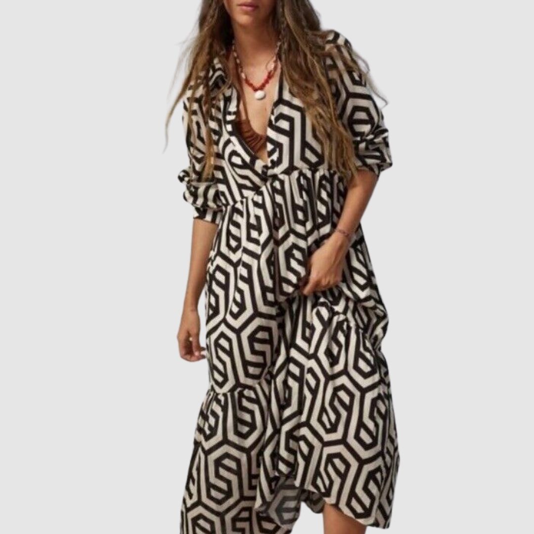 Women's Dress with Long Sleeves – Relaxed Fit – Tiered Cut – Geometric Pattern – Breathable Fabric
