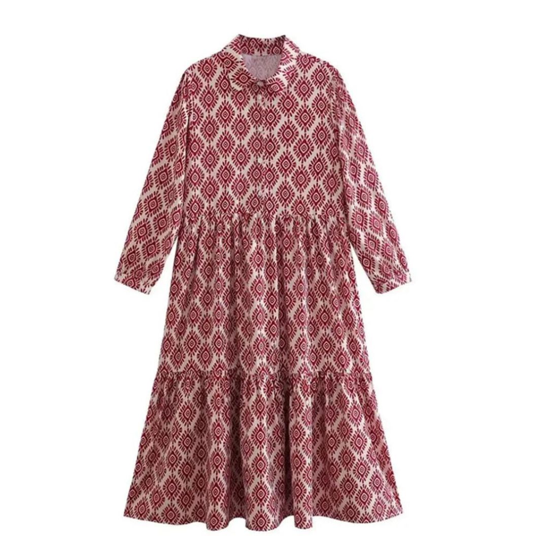 Women's Dress with Long Sleeves – Relaxed Fit – Tiered Cut – Geometric Pattern – Breathable Fabric