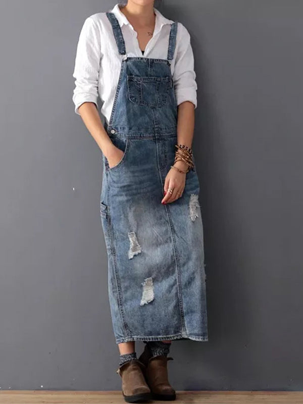 Women's Denim Dress – Relaxed Fit – Midi Length – Adjustable Straps – Distressed Style