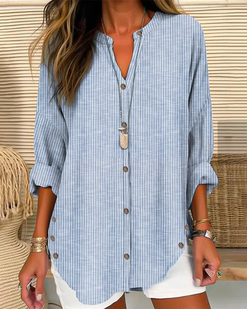 Women's Blouse – Relaxed Fit – V-Neck with Buttons – Striped – Breathable Fabric