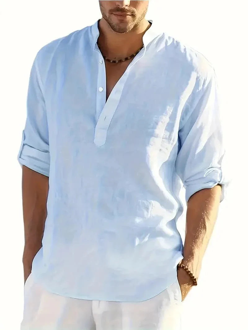 Men's Shirt - Relaxed Fit - Stand Collar - Breathable Lightweight Fabric - Long Sleeve