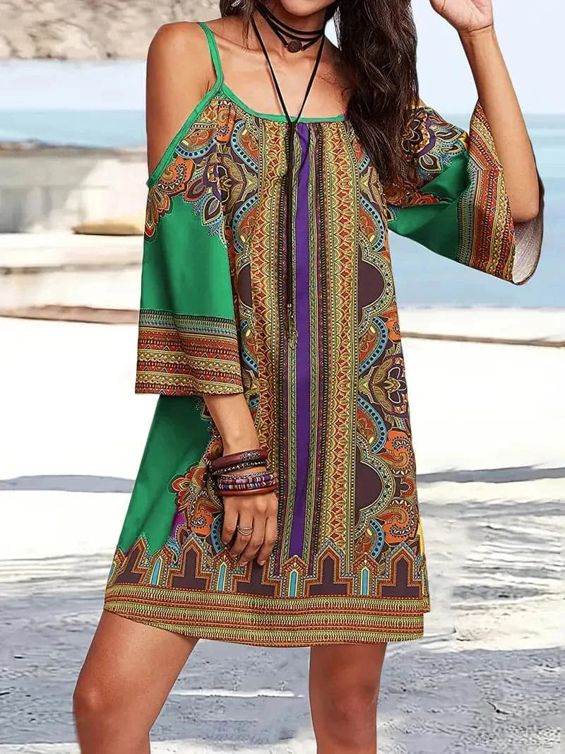 Women's Dress - Bohemian Design - Short Spaghetti Straps - Loose Fit - Flowy 3/4 Sleeves
