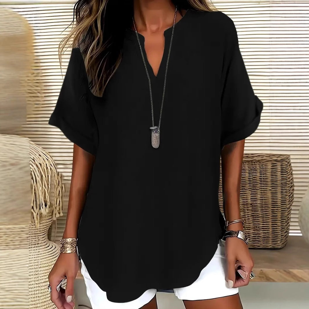 Women's Blouse – Relaxed Fit – V-Neckline – Short Sleeves – Natural Fibers