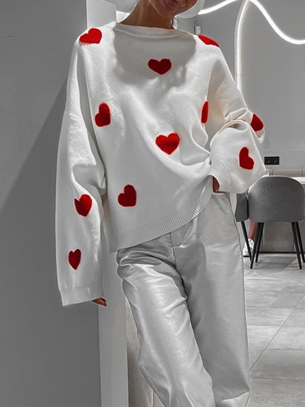 Women's Sweater – Knitted Oversized Fit – Heart Pattern – Long-Sleeved Casual
