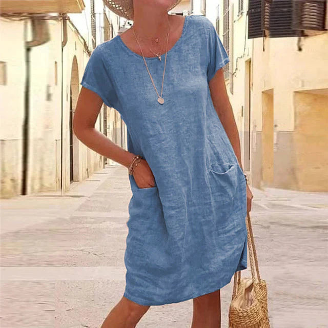 Women's Dress – Natural Fibers – Straight Fit – Knee-Length – Short-Sleeved with Pockets