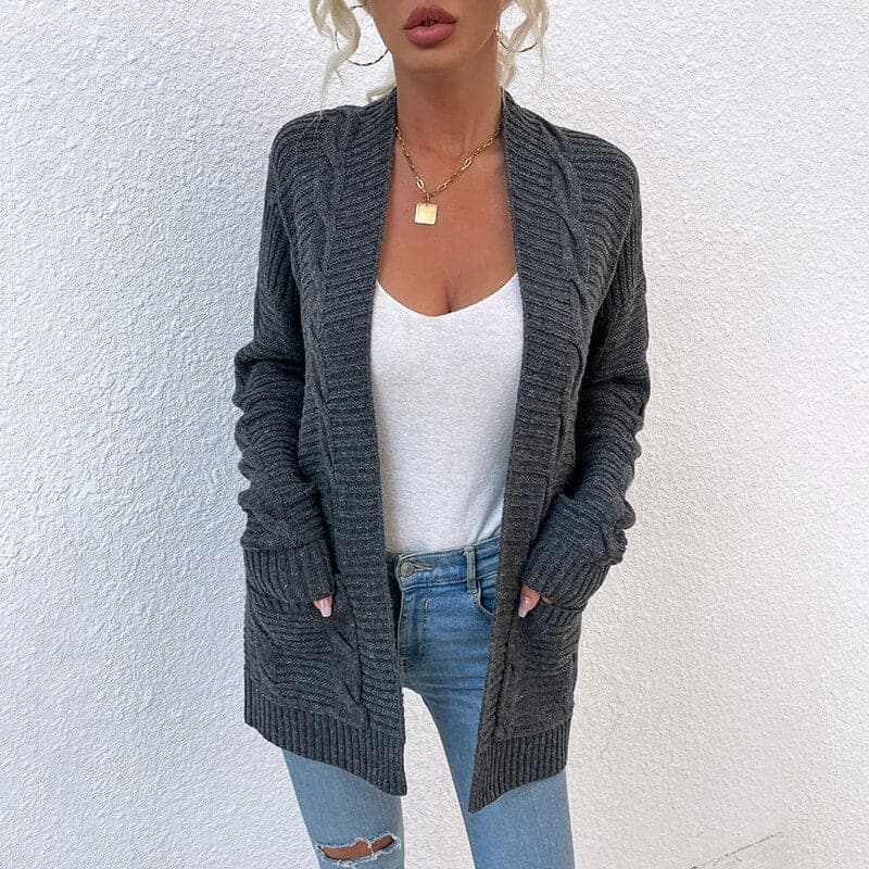 Women's Cardigan - Knitted Cable Knit - Open Front - Long Sleeved with Pockets
