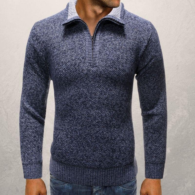 Men's Sweater - Knitted Half Zip - Ribbed Cuffs and Hem - Casual Fit