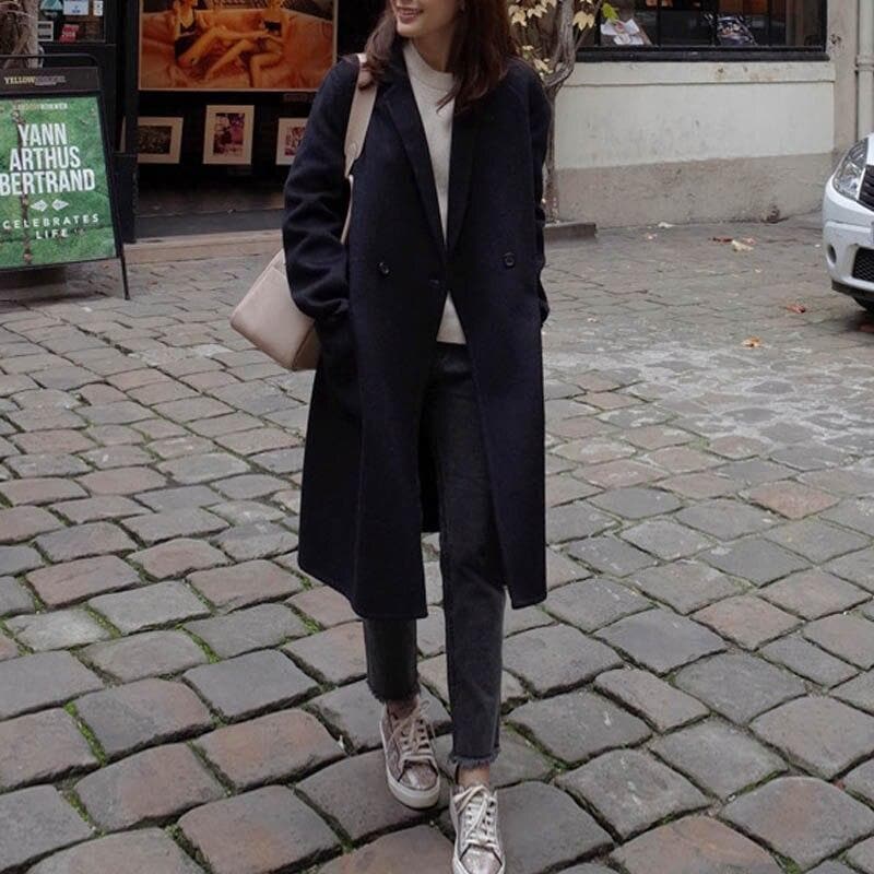 Dame Kåpe - Lang Ullblanding - Dobbeltspent - Klassisk Oversized Passform