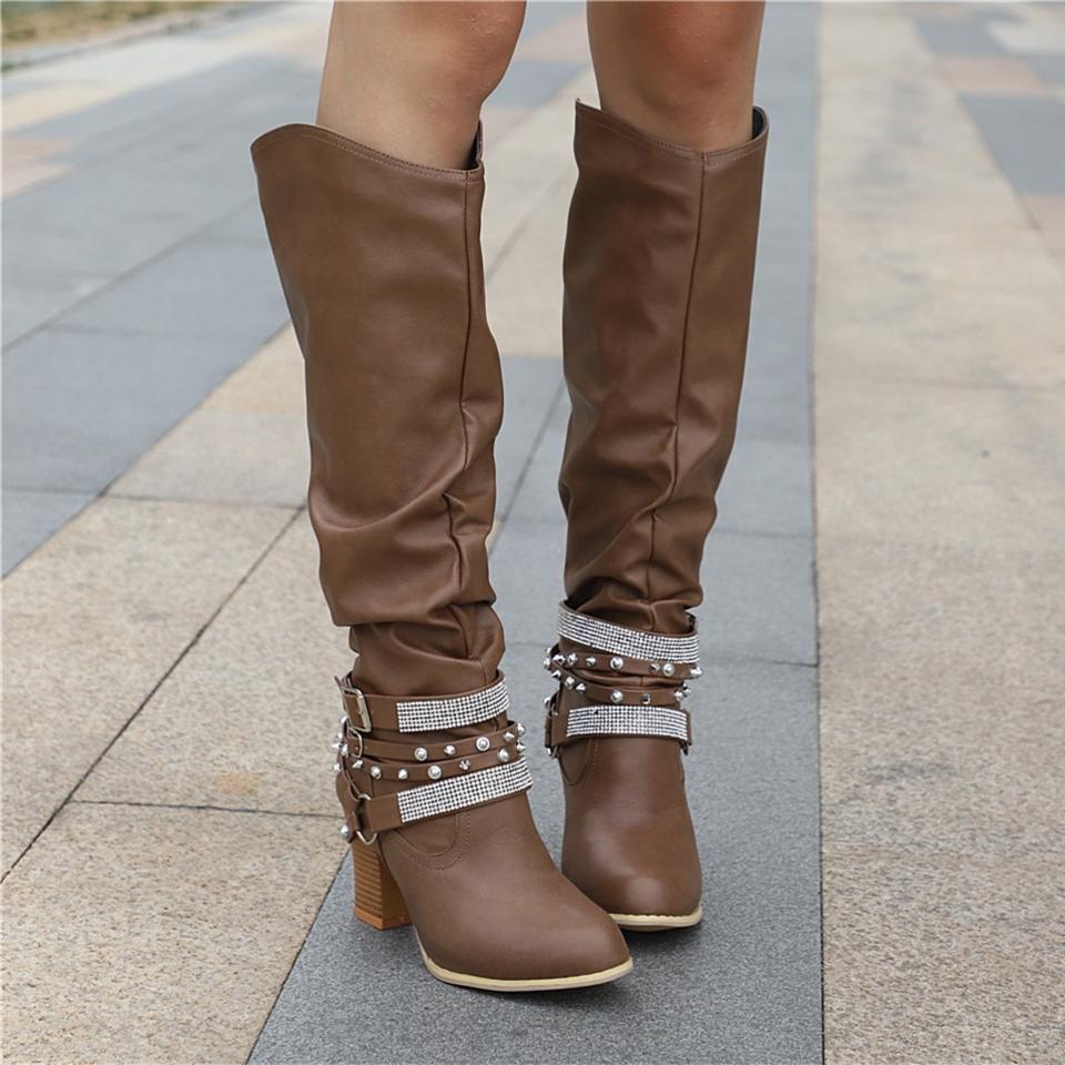 Women's Knee-High Boots - Leather Look - Block Heel - Decorative Straps with Studs