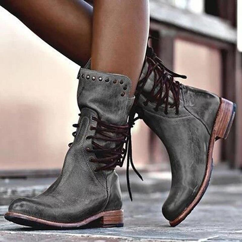 Women's Ankle Boots – Leather – Lacing – Stud Details – Low Heel – Round Toe