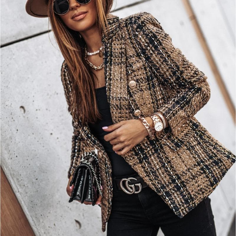 Women's Blazer - Tweed Fabric - Check Pattern - Tailored Fit - Gold Buttons