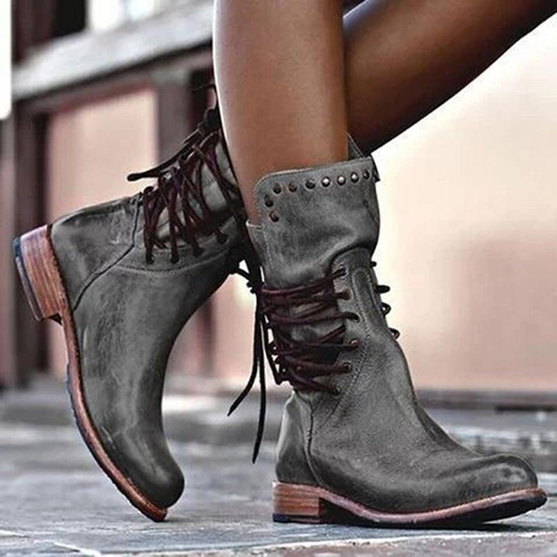 Women's Ankle Boots – Leather – Lacing – Stud Details – Low Heel – Round Toe