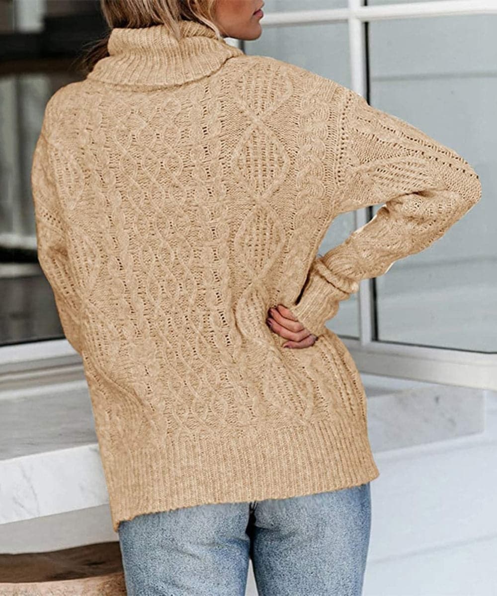 Women's Knitted Sweater - Cable Knit - High Neck - Long Sleeved - Relaxed Fit