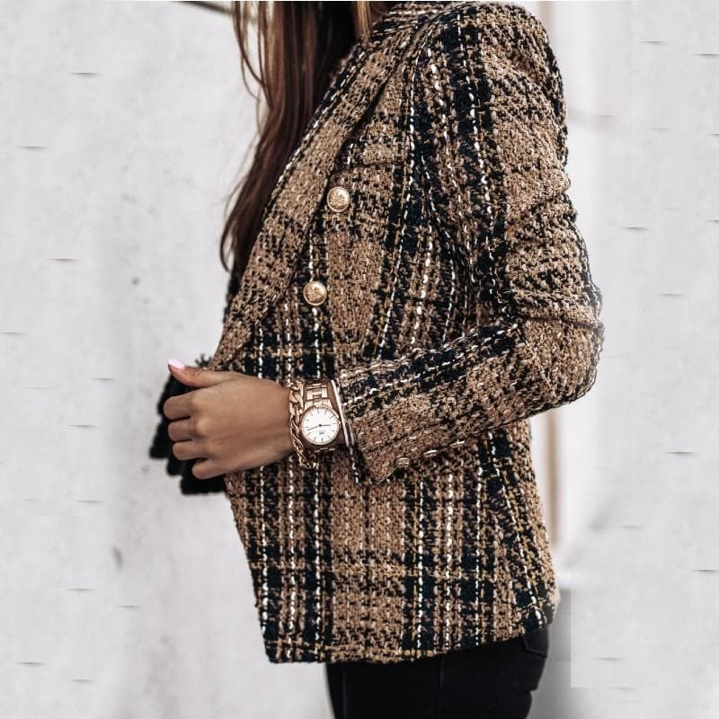 Women's Blazer - Tweed Fabric - Check Pattern - Tailored Fit - Gold Buttons