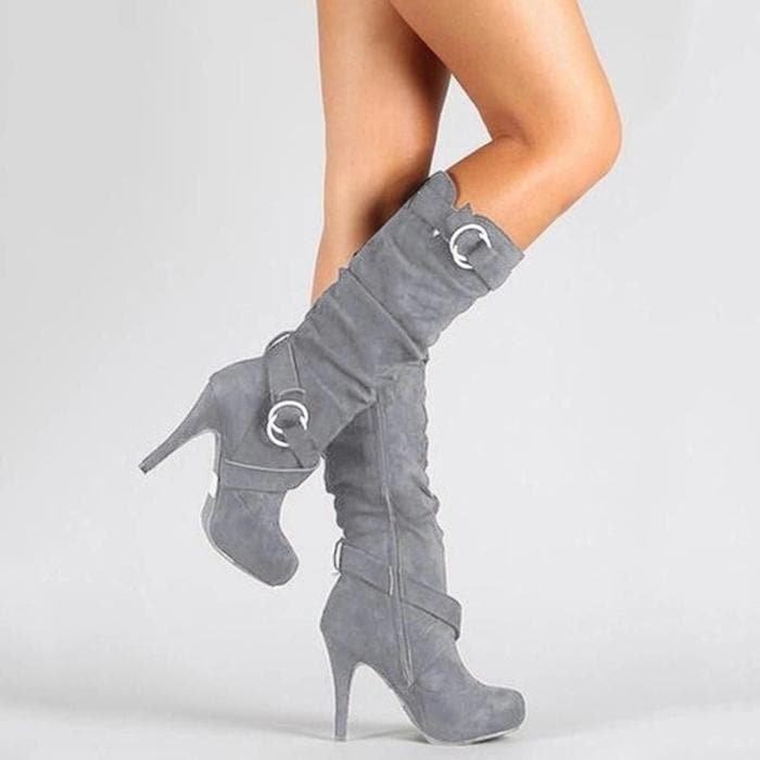 Women's Knee-High Boots – Suede Leather – Slouchy Fit – High Stiletto Heels – Buckle Details