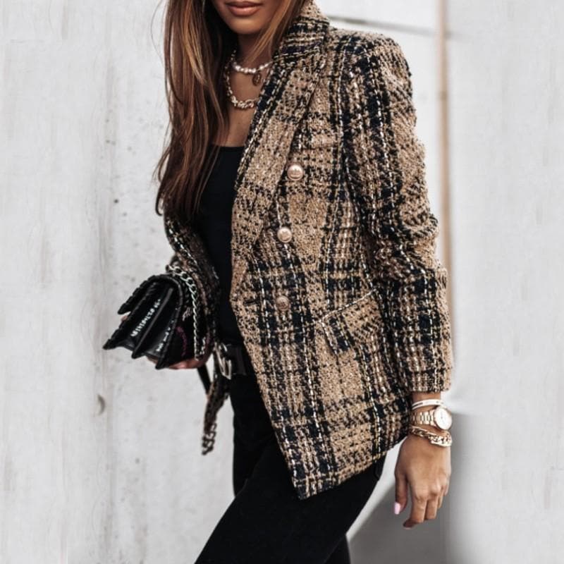 Women's Blazer - Tweed Fabric - Check Pattern - Tailored Fit - Gold Buttons