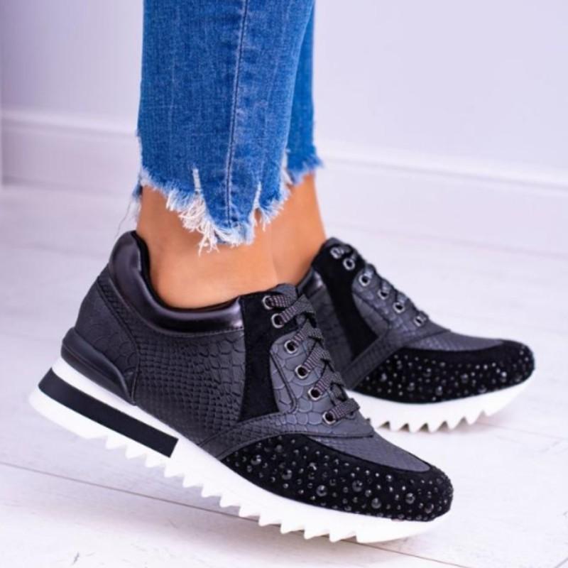 Women's Sneakers - Structured Design - Rhinestone Details - Thick Sole - Lacing