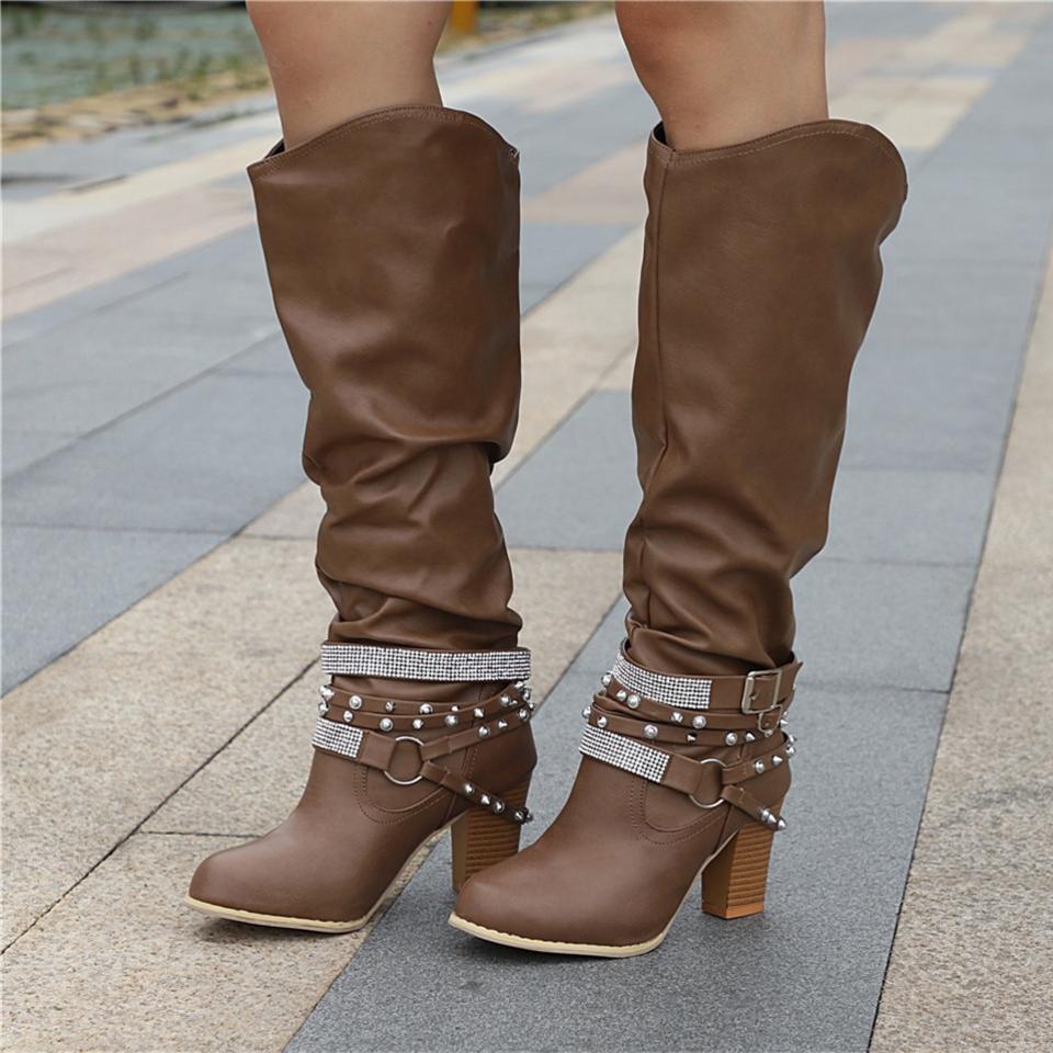 Women's Knee-High Boots - Leather Look - Block Heel - Decorative Straps with Studs