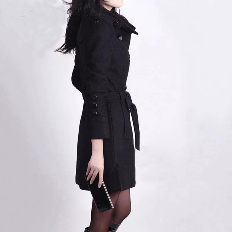 Women's Coat - Double-Breasted Wool Blend - Tailored Fit - Belt at the Waist