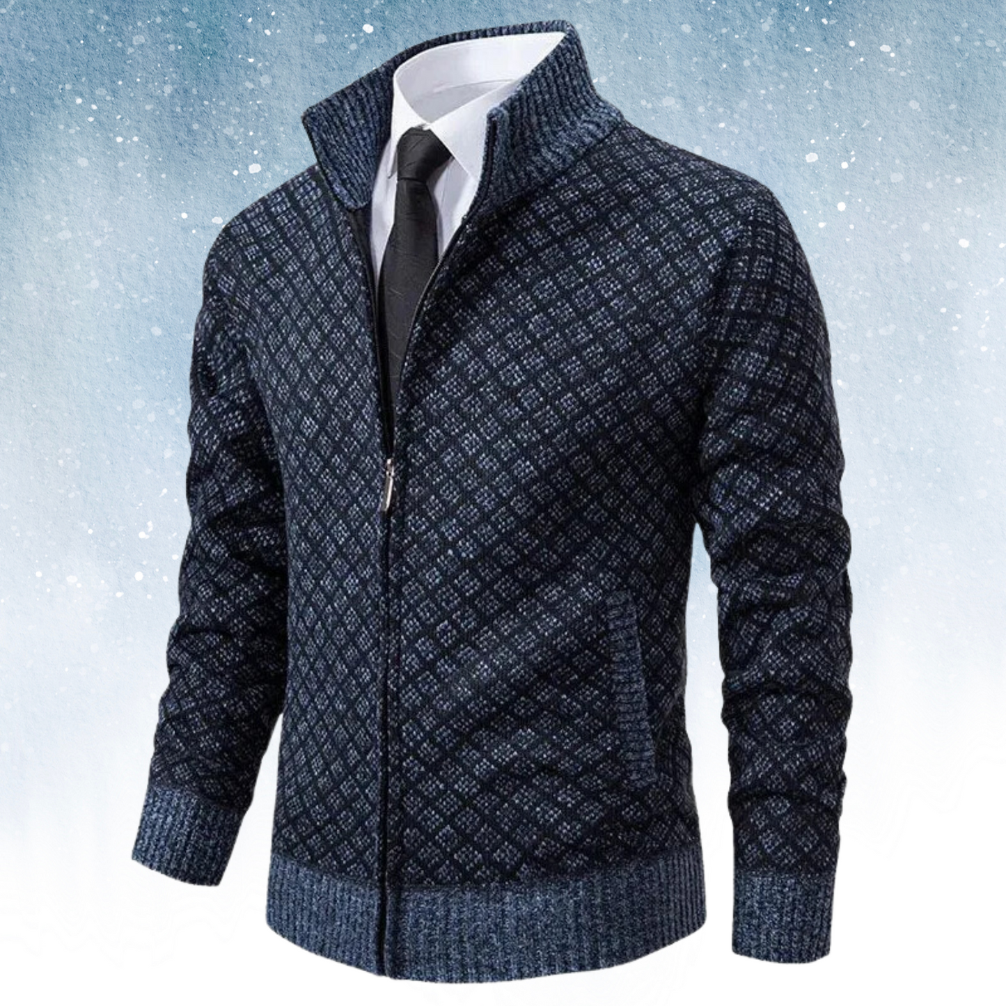 Men's Knitted Cardigan - Zipper - High Collar - Modern Check Pattern - Comfortable Fit