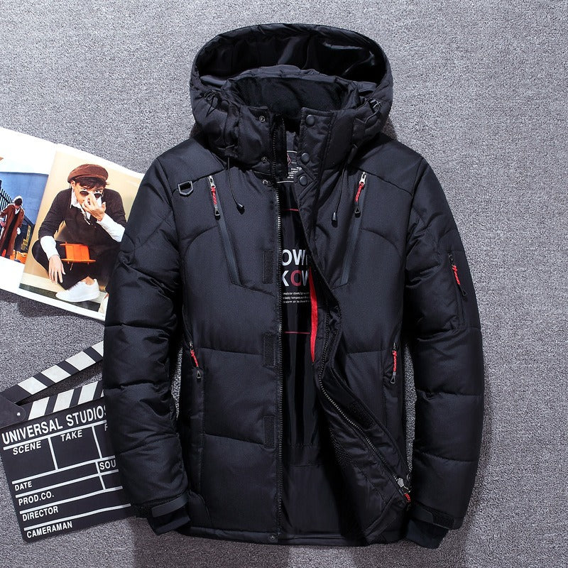 Men's Down Jacket - Water-Repellent - Hood & Zipper Pockets - Warm & Padded