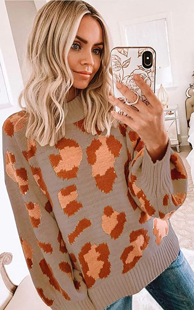Women's Sweater – Oversized Fit – Wool Blend – Round Neck – Leopard Pattern