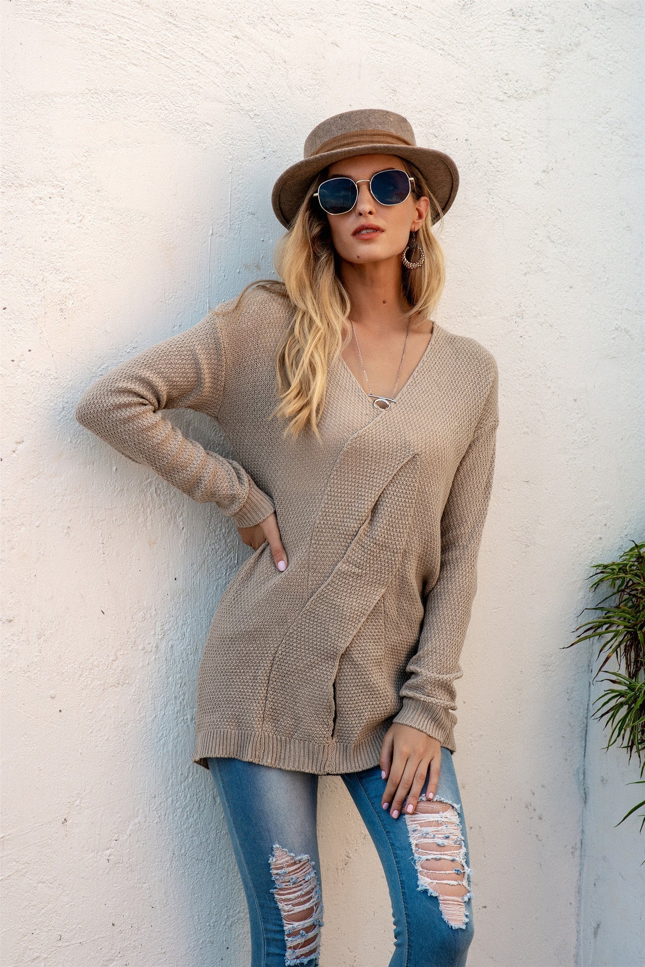 Women's Sweater – Oversized Fit – Knitted Texture – Off-Shoulder – Draped Front