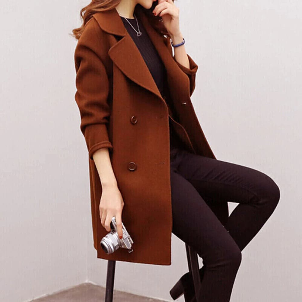 Women's Coat - Double Breasted - Structured Fit - Mid-Length with Wide Lapels
