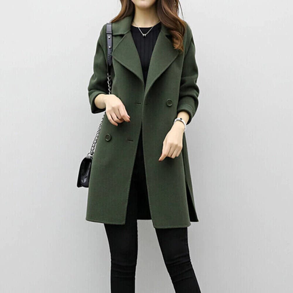 Women's Coat - Double Breasted - Structured Fit - Mid-Length with Wide Lapels