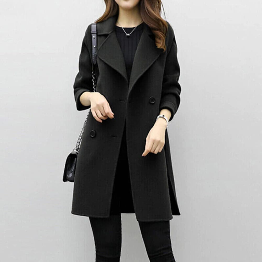 Women's Coat - Double Breasted - Structured Fit - Mid-Length with Wide Lapels