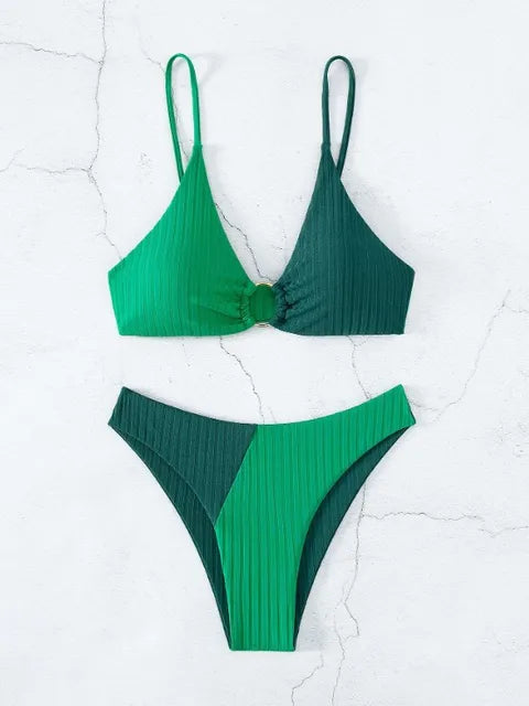 Women's Bikini Set – Push-Up Top – High-Waisted Bottom – Ribbed Fabric – Ring Detail