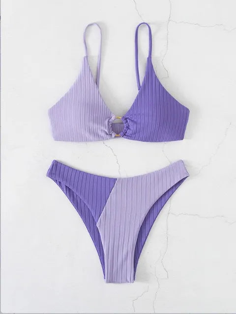 Women's Bikini Set – Push-Up Top – High-Waisted Bottom – Ribbed Fabric – Ring Detail