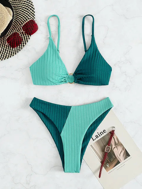 Women's Bikini Set – Push-Up Top – High-Waisted Bottom – Ribbed Fabric – Ring Detail